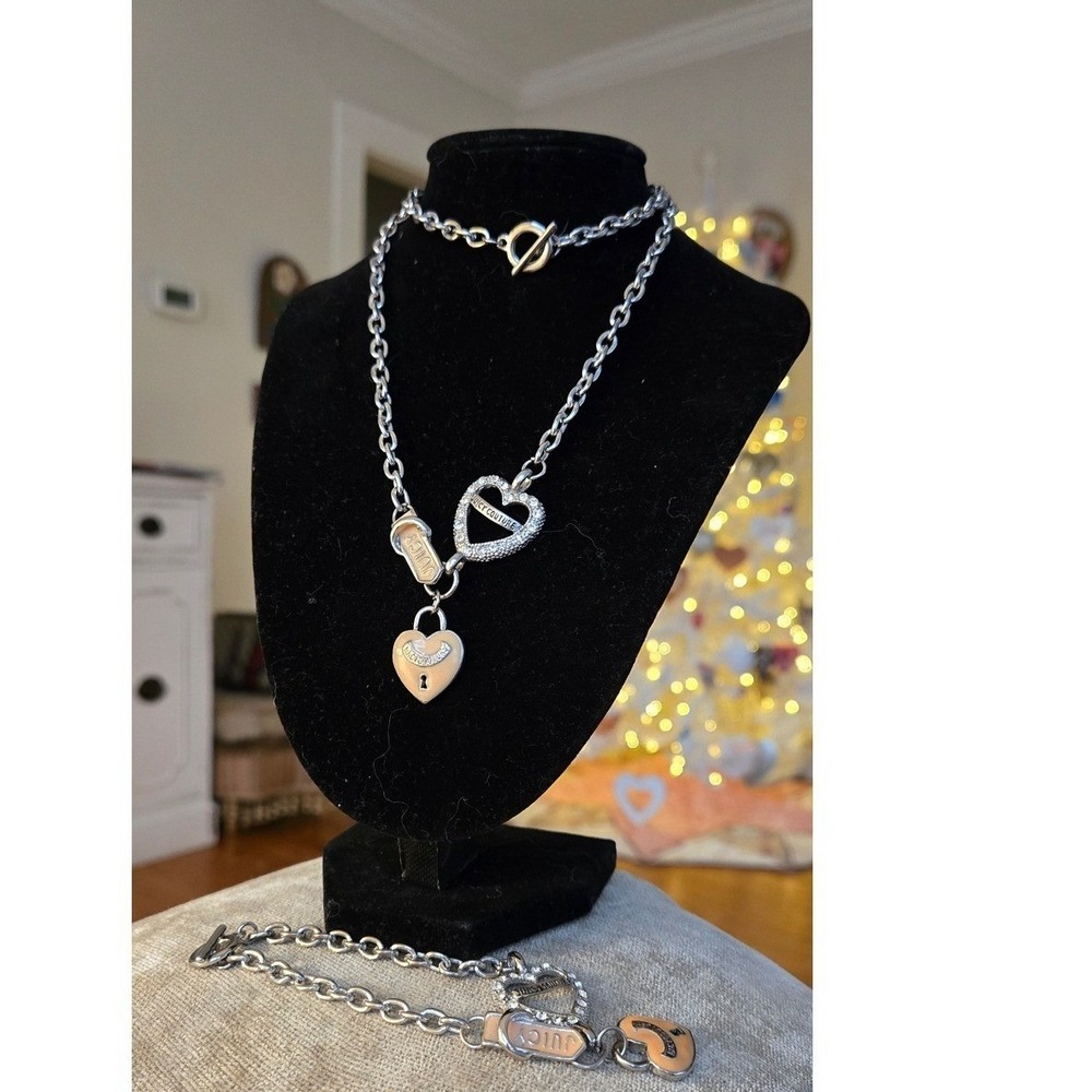Juicy Couture Y2K Necklace Vintage Rhinestone Enamel Hearts & Matching Bracelet